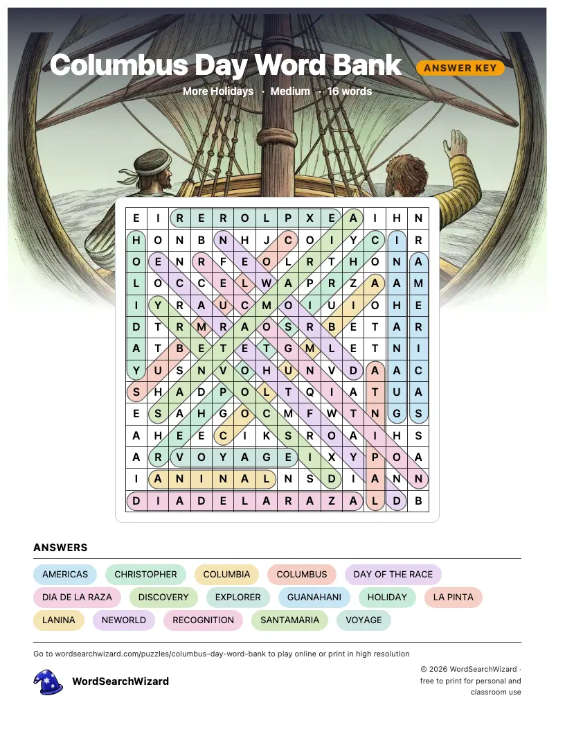 Columbus Day Word Bank word search answer key, all 16 words marked
