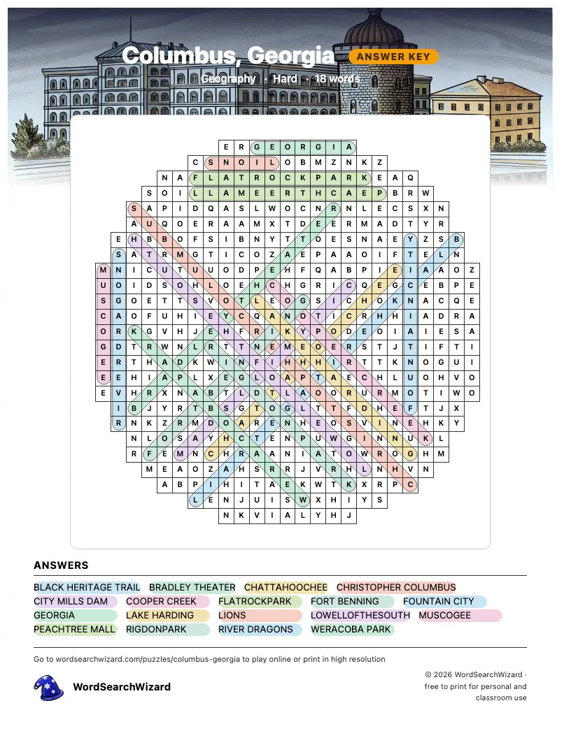 Columbus, Georgia word search answer key, all 18 words marked