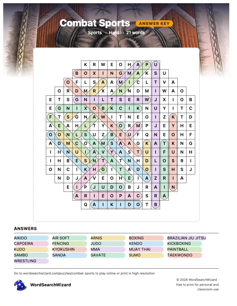 Combat Sports word search answer key, all 21 words marked