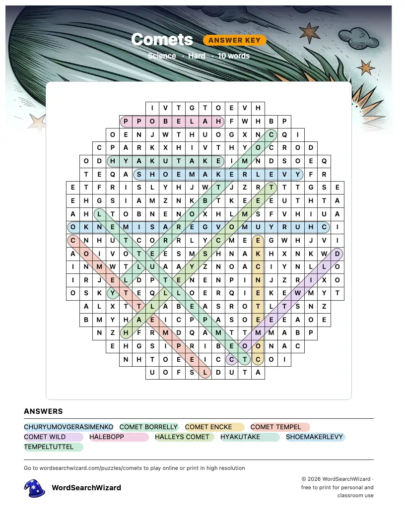 Comets word search answer key, all 10 words marked