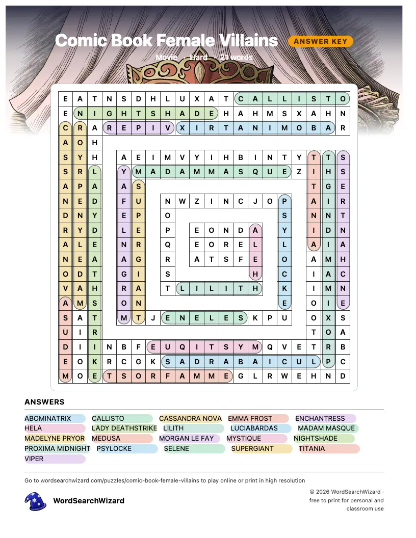 Comic Book Female Villains word search answer key, all 21 words marked