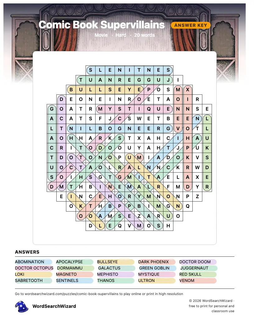 Comic Book Supervillains word search answer key, all 20 words marked