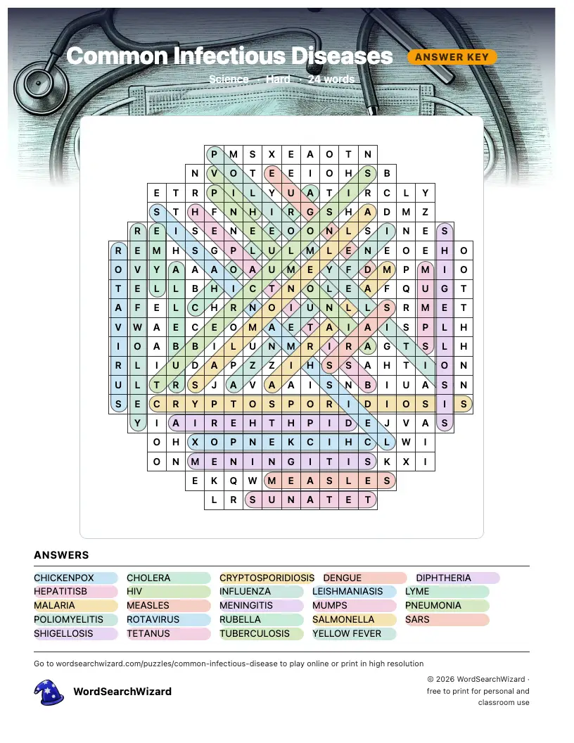 Common Infectious Diseases word search answer key, all 24 words marked