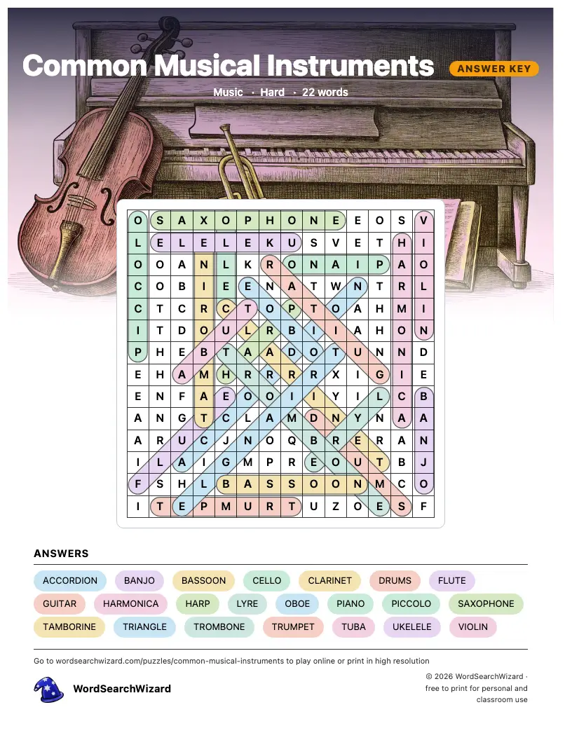 Common Musical Instruments word search answer key, all 22 words marked