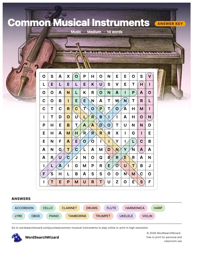 Common Musical Instruments word search answer key, all 14 words marked