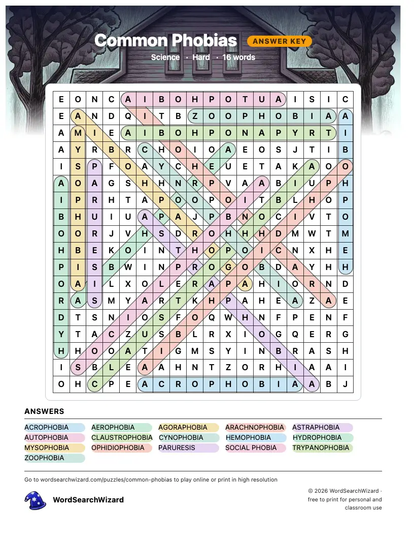 Common Phobias word search answer key, all 16 words marked