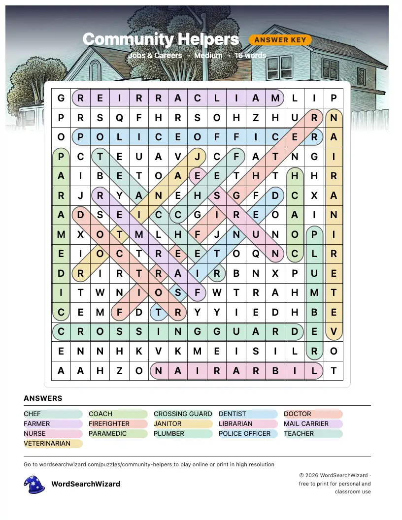 Community Helpers word search answer key, all 16 words marked