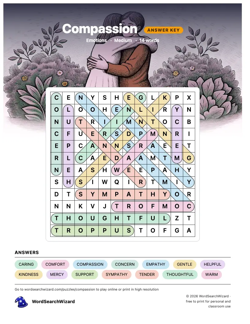 Compassion word search answer key, all 14 words marked