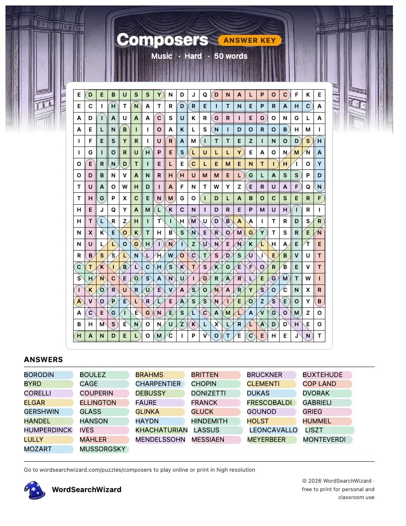 Composers word search answer key, all 50 words marked