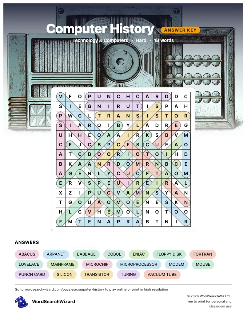 Computer History word search answer key, all 18 words marked