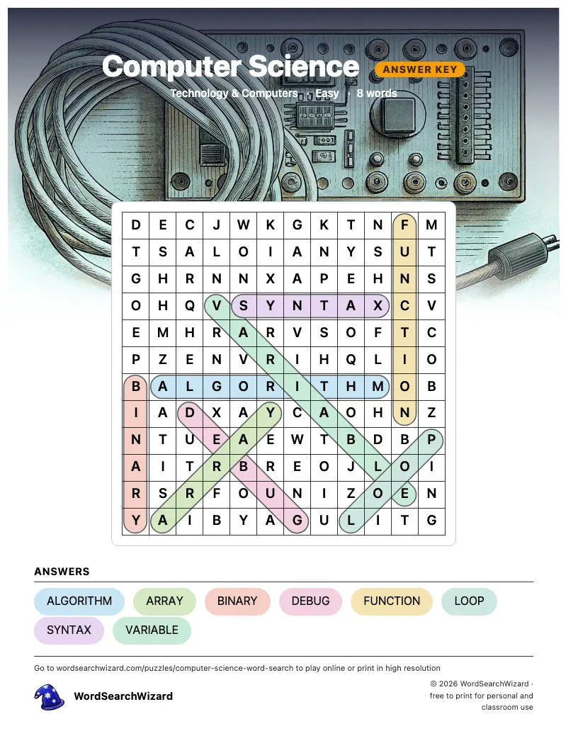 Computer Science word search answer key, all 8 words marked