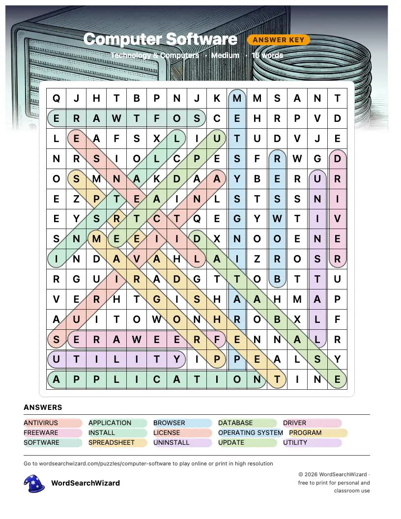 Computer Software word search answer key, all 15 words marked