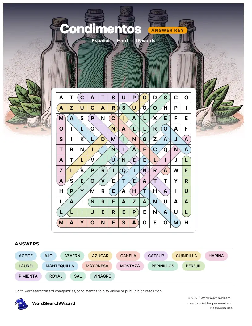 Condimentos word search answer key, all 18 words marked
