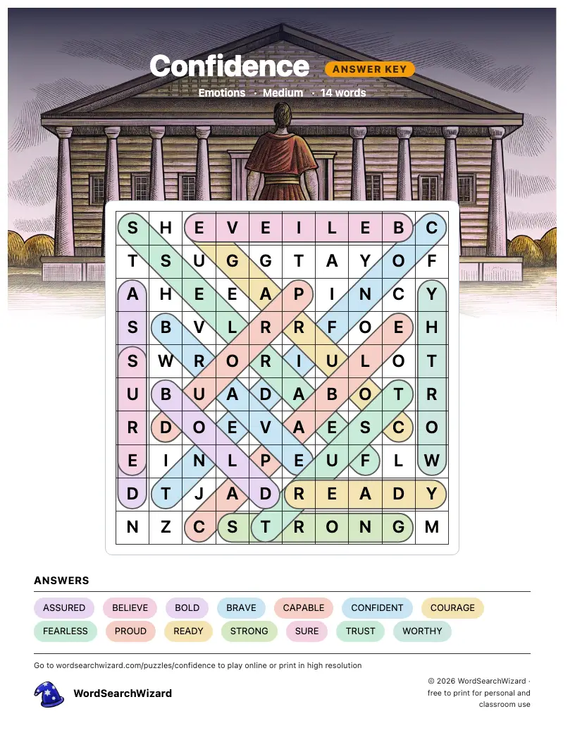 Confidence word search answer key, all 14 words marked