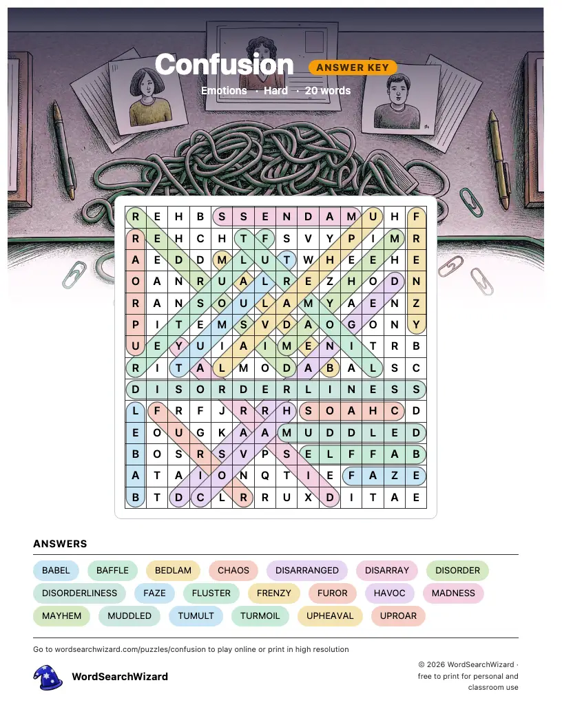 Confusion word search answer key, all 20 words marked