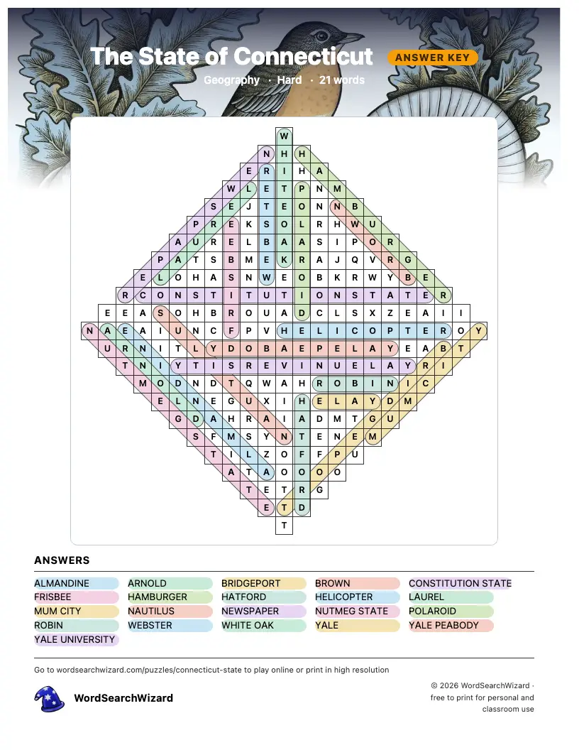 The State of Connecticut word search answer key, all 21 words marked