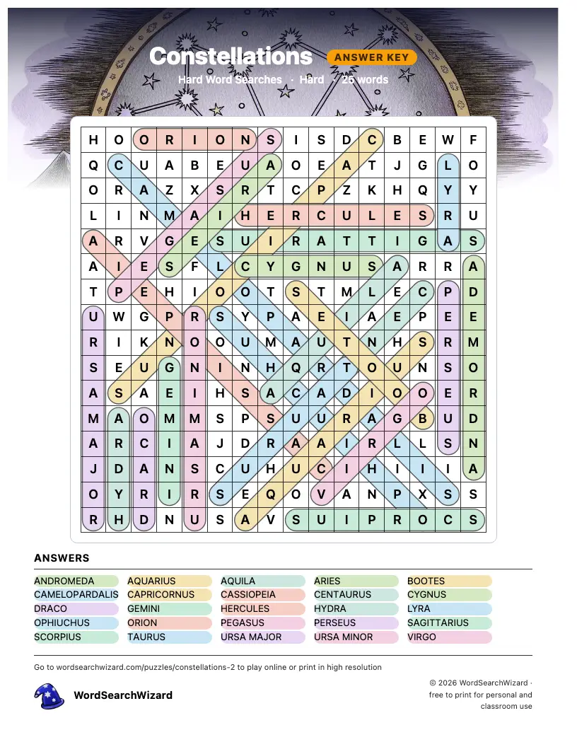 Constellations word search answer key, all 25 words marked