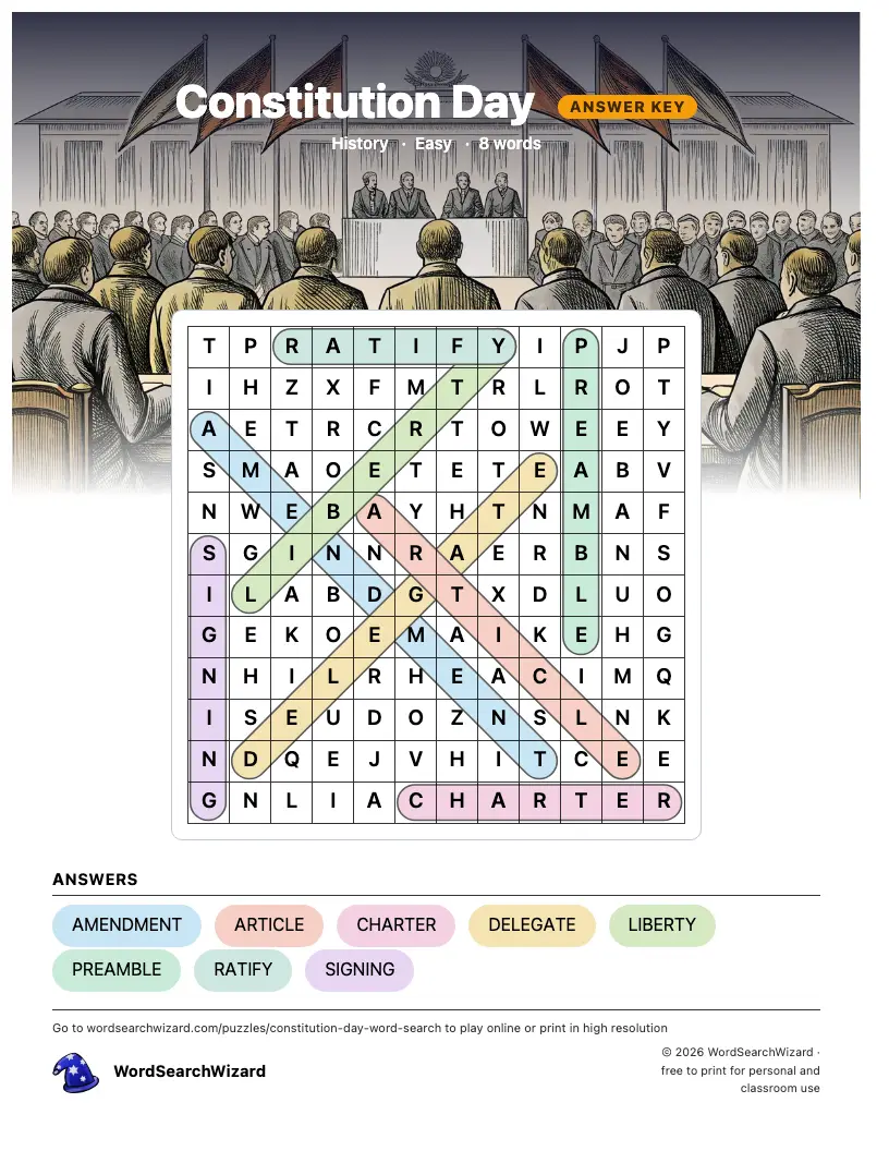 Constitution Day word search answer key, all 8 words marked