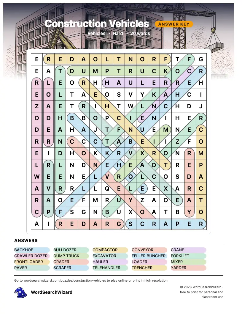 Construction Vehicles word search answer key, all 20 words marked