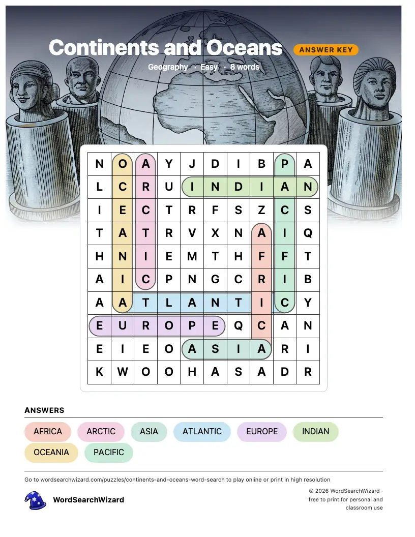 Continents and Oceans word search answer key, all 8 words marked