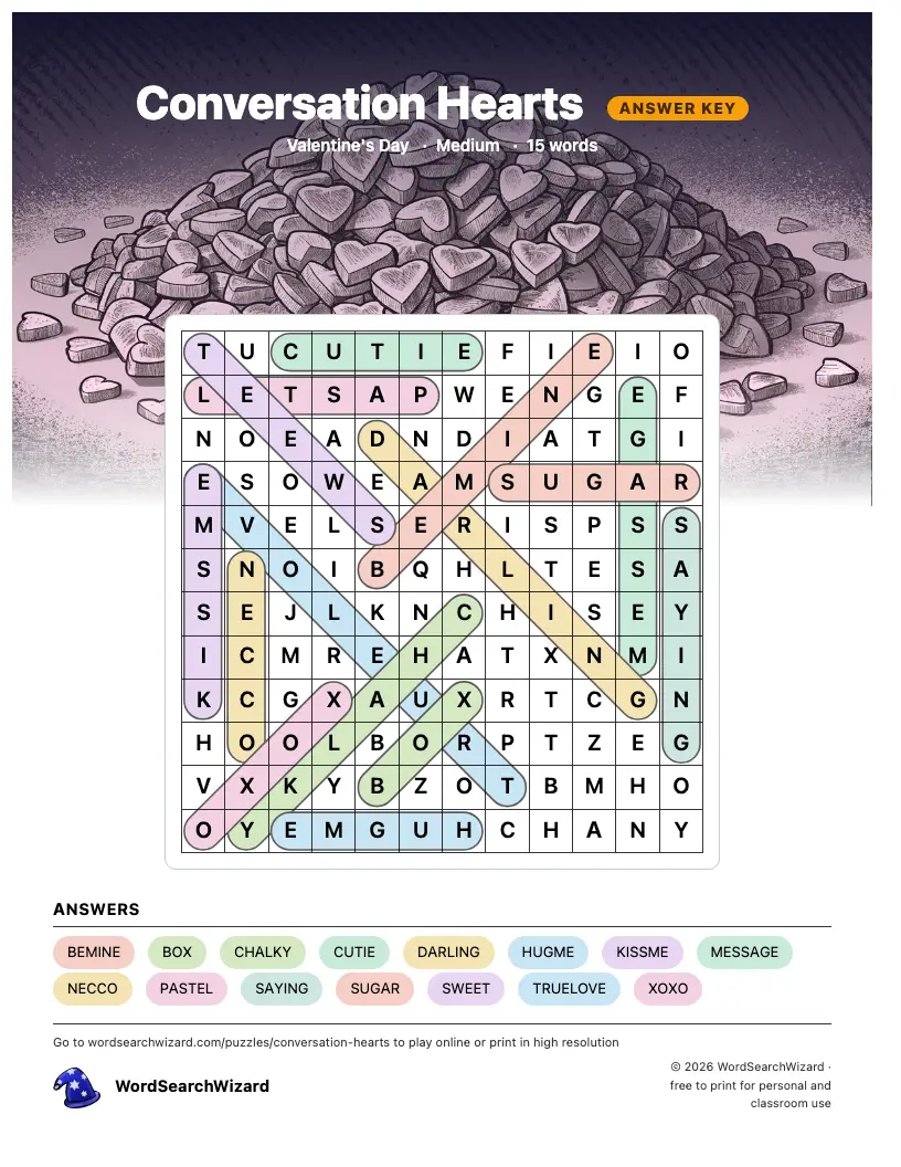 Conversation Hearts word search answer key, all 15 words marked