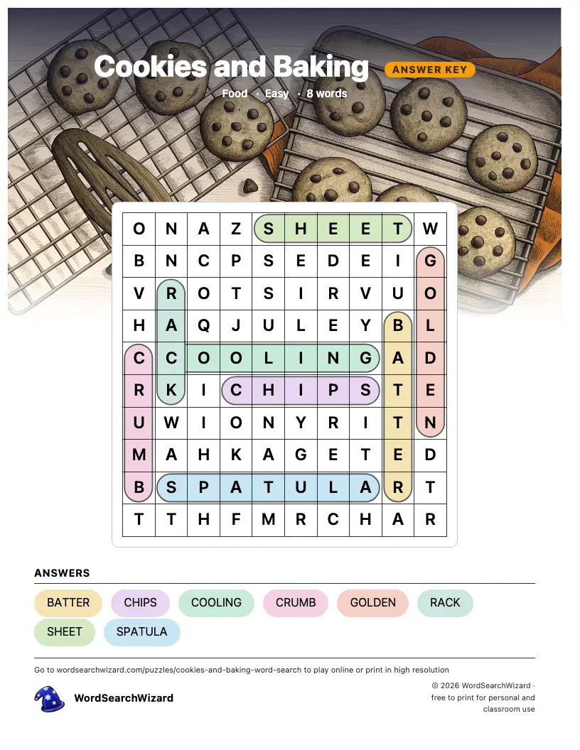 Cookies and Baking word search answer key, all 8 words marked