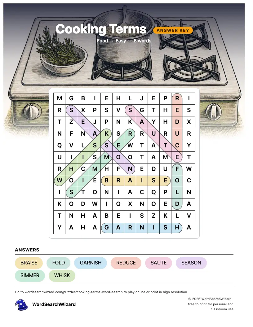 Cooking Terms word search answer key, all 8 words marked