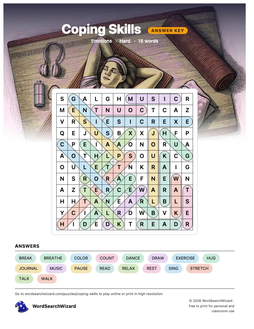 Coping Skills word search answer key, all 18 words marked