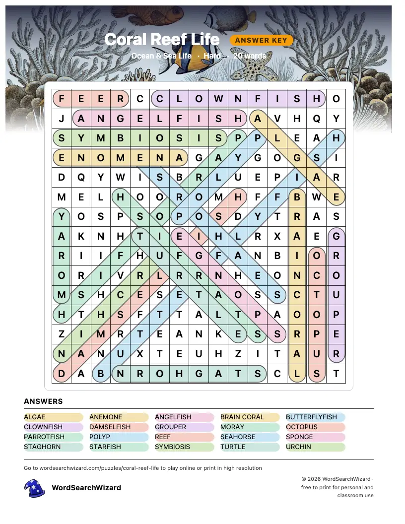 Coral Reef Life word search answer key, all 20 words marked