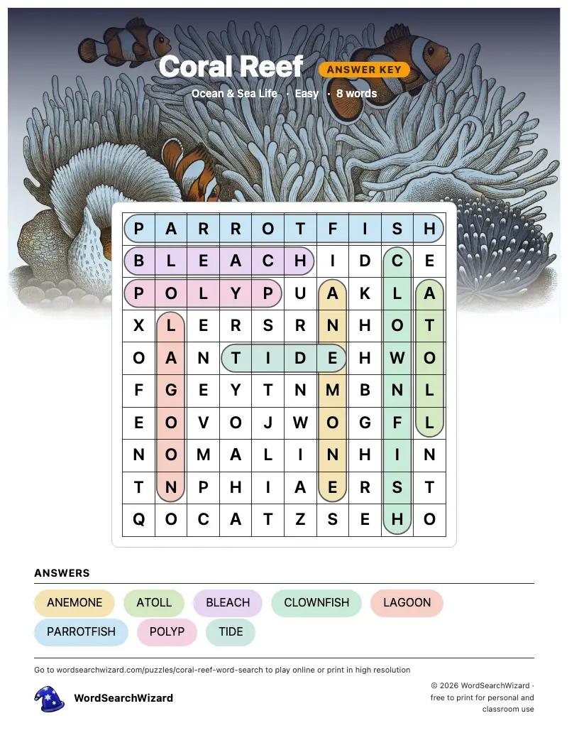 Coral Reef word search answer key, all 8 words marked