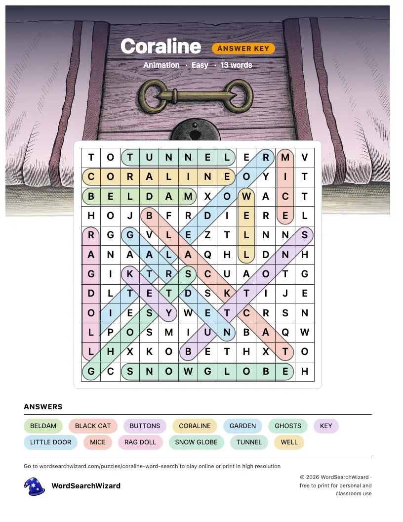 Coraline word search answer key, all 13 words marked