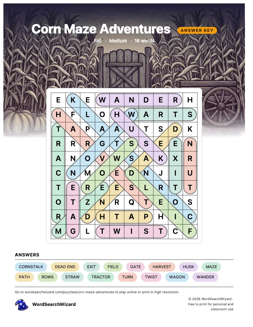 Corn Maze Adventures word search answer key, all 16 words marked