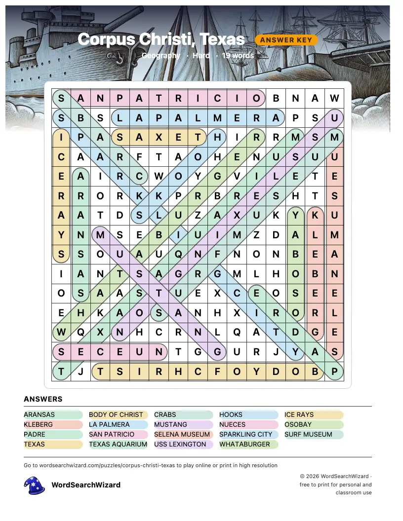 Corpus Christi, Texas word search answer key, all 19 words marked