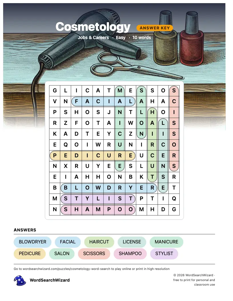 Cosmetology word search answer key, all 10 words marked