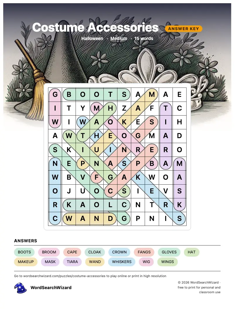 Costume Accessories word search answer key, all 15 words marked