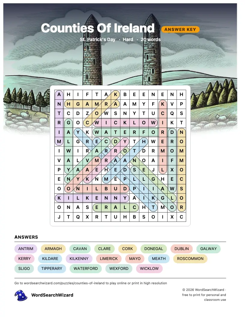 Counties Of Ireland word search answer key, all 20 words marked