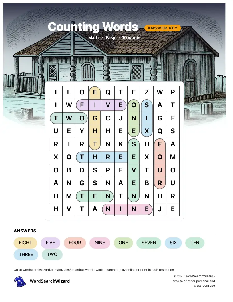 Counting Words word search answer key, all 10 words marked
