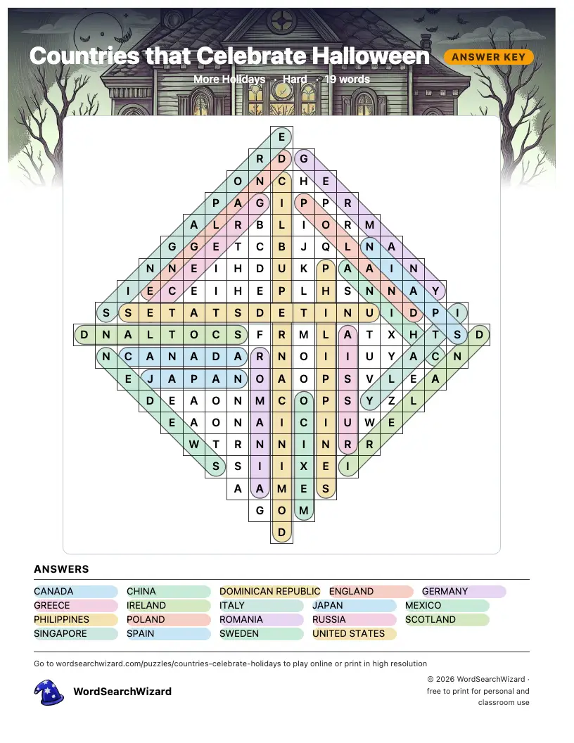 Countries that Celebrate Halloween word search answer key, all 19 words marked