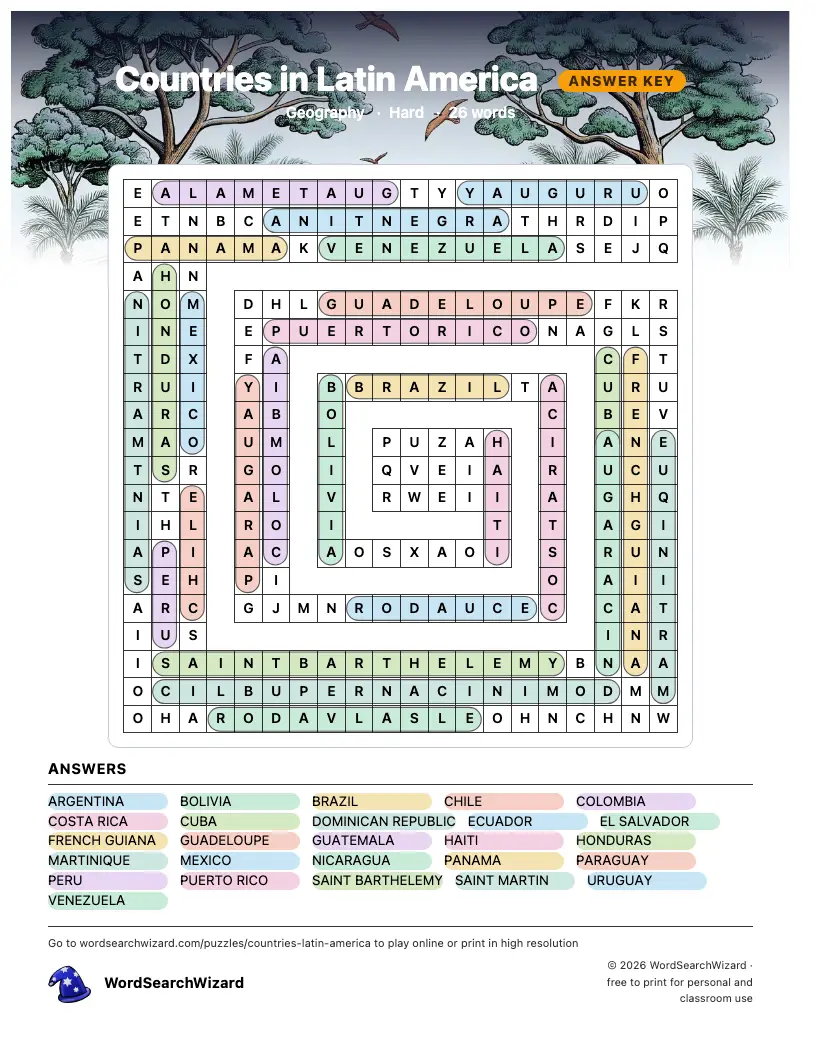 Countries in Latin America word search answer key, all 26 words marked