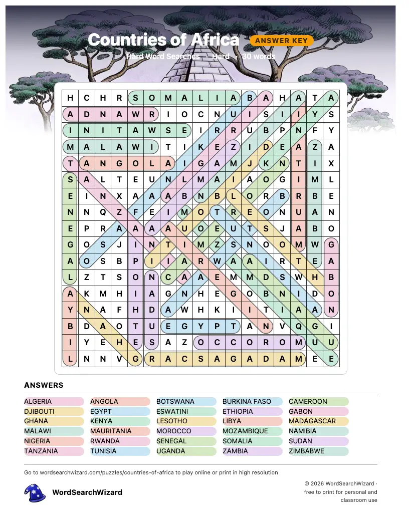 Countries of Africa word search answer key, all 30 words marked