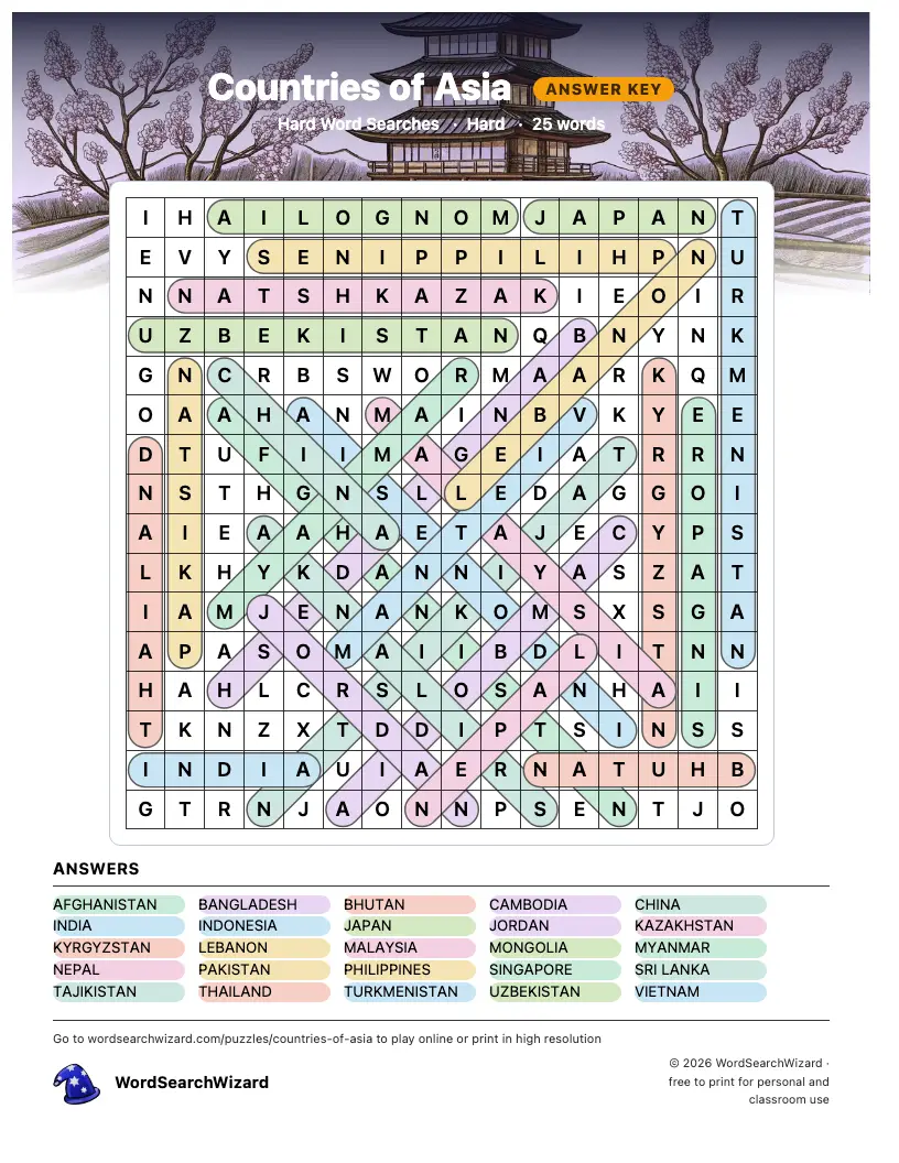 Countries of Asia word search answer key, all 25 words marked