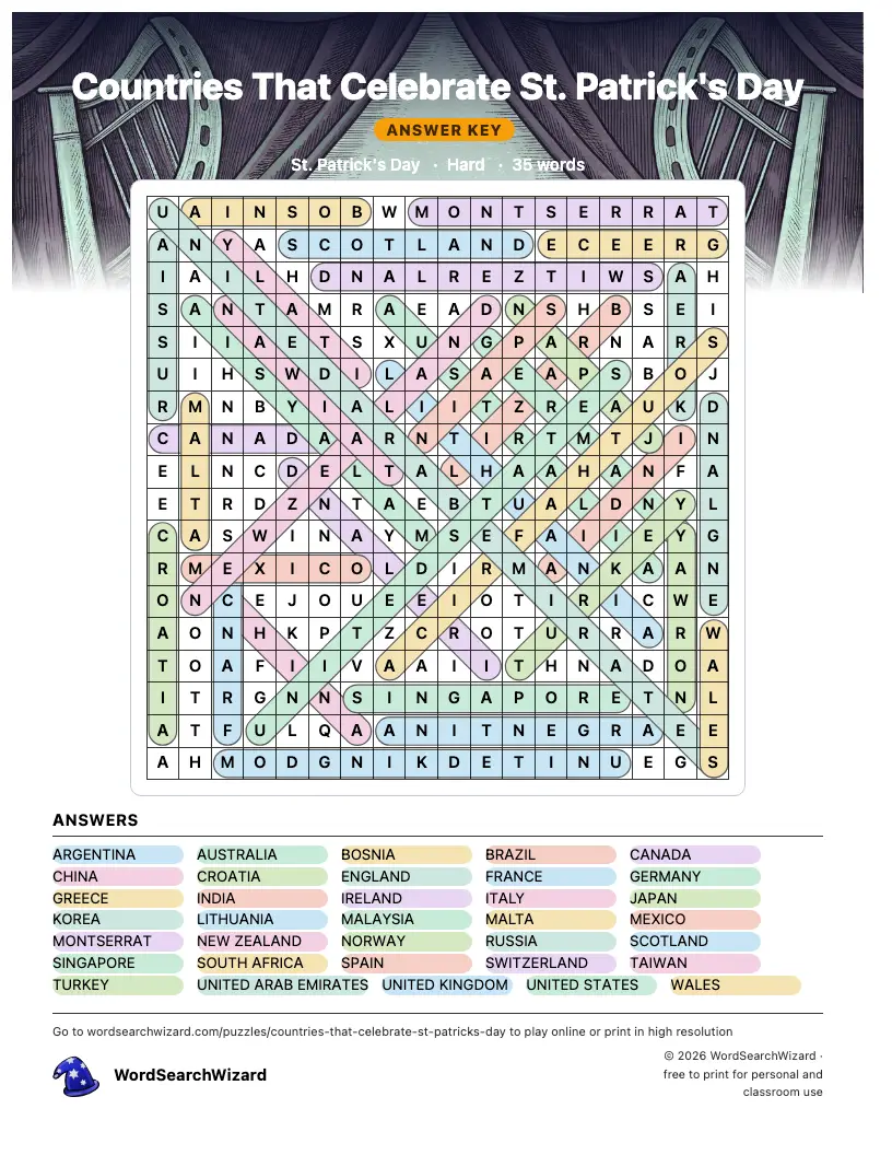 Countries That Celebrate St. Patrick's Day word search answer key, all 35 words marked