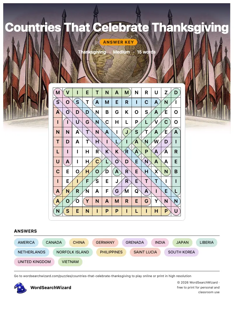 Countries That Celebrate Thanksgiving word search answer key, all 15 words marked
