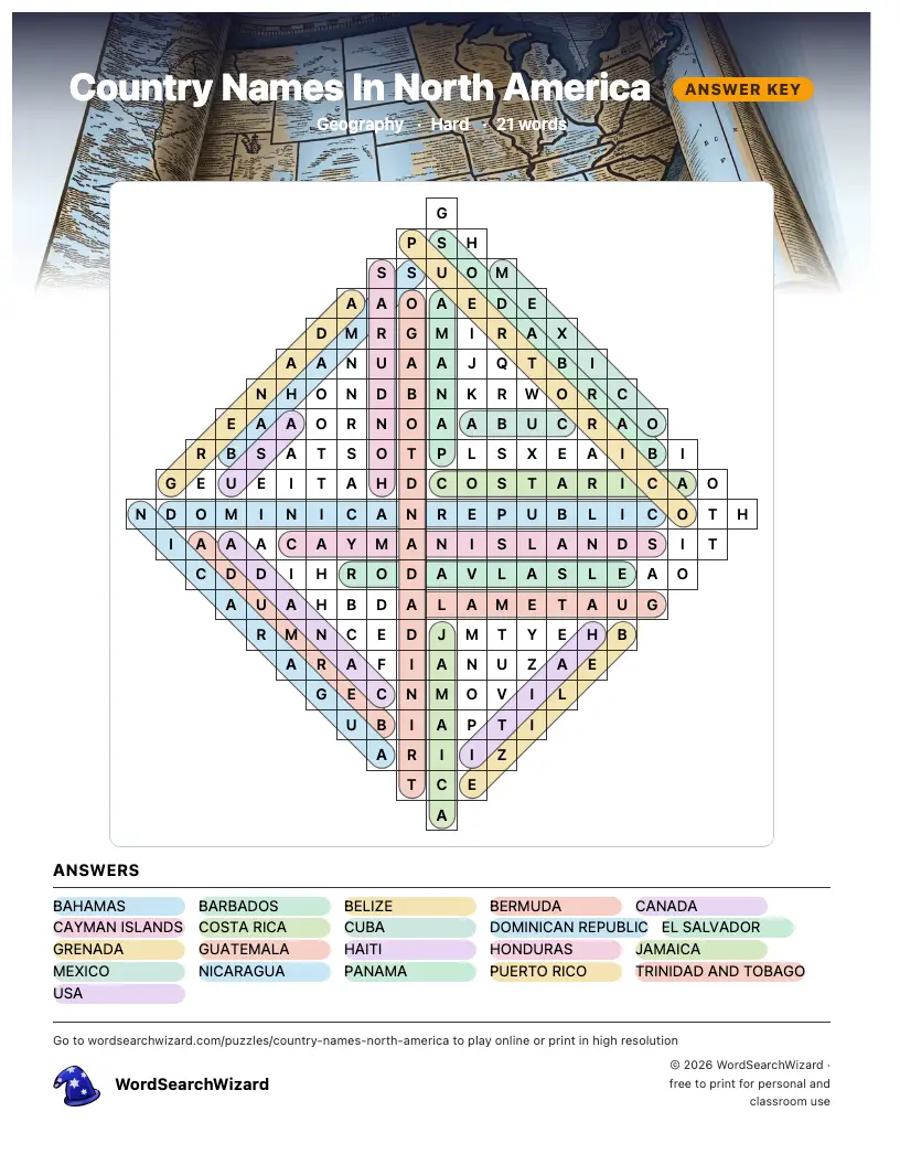 Country Names In North America word search answer key, all 21 words marked