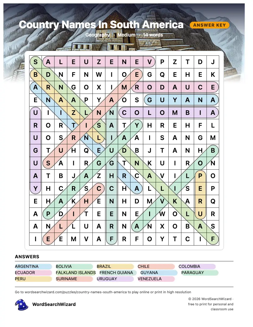 Country Names In South America word search answer key, all 14 words marked