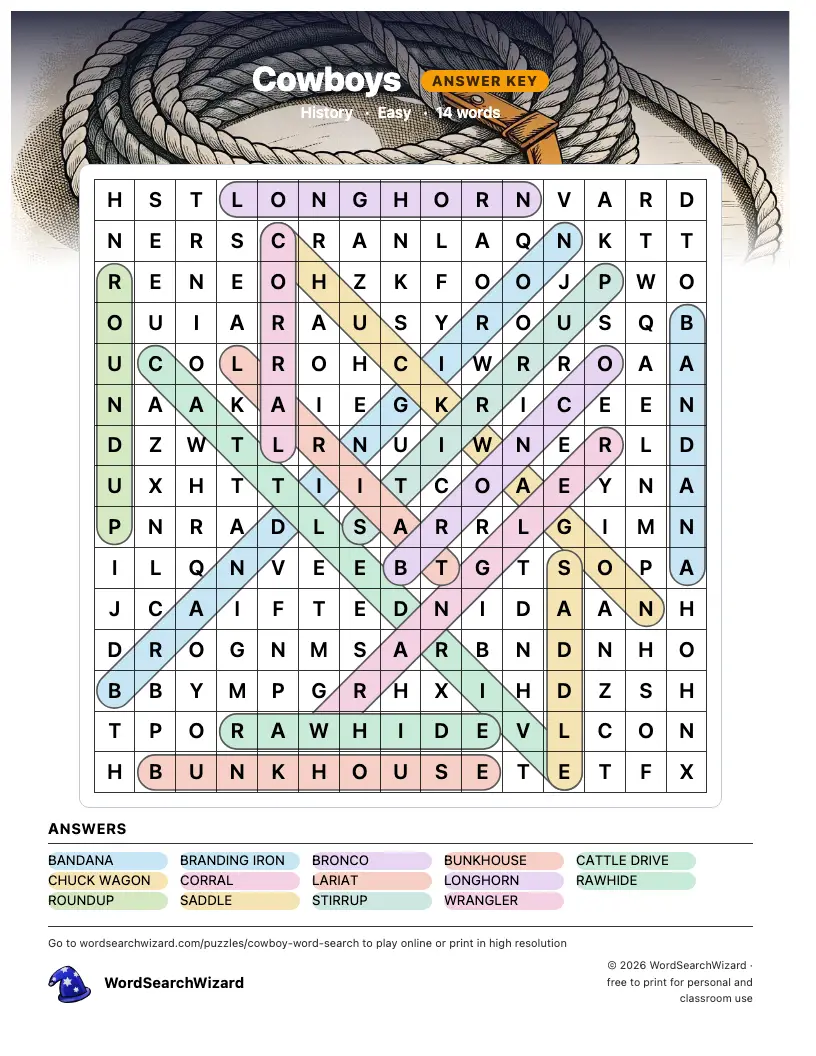 Cowboys word search answer key, all 14 words marked
