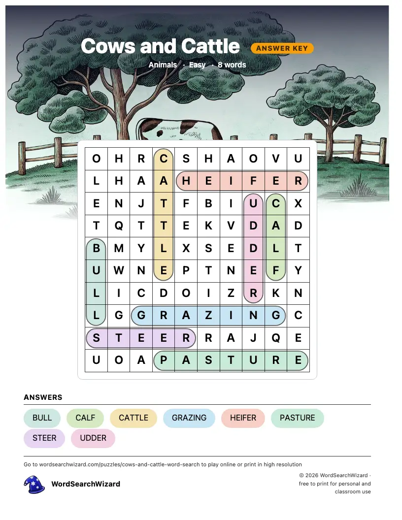 Cows and Cattle word search answer key, all 8 words marked
