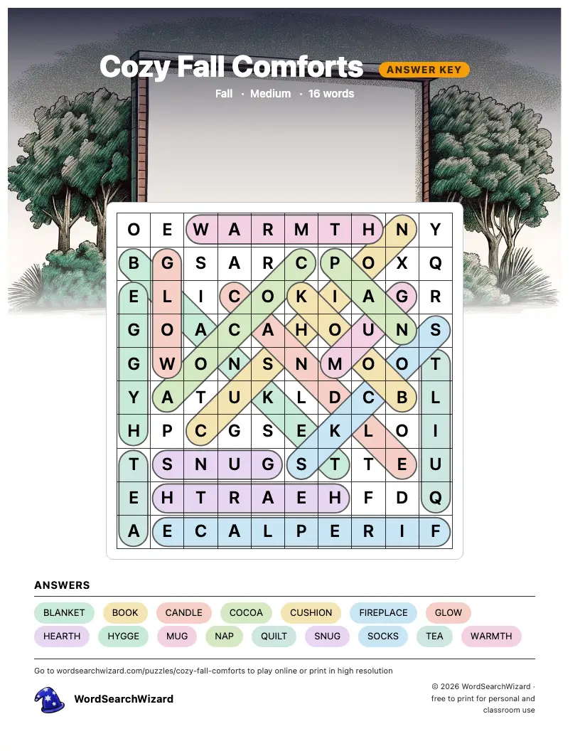 Cozy Fall Comforts word search answer key, all 16 words marked