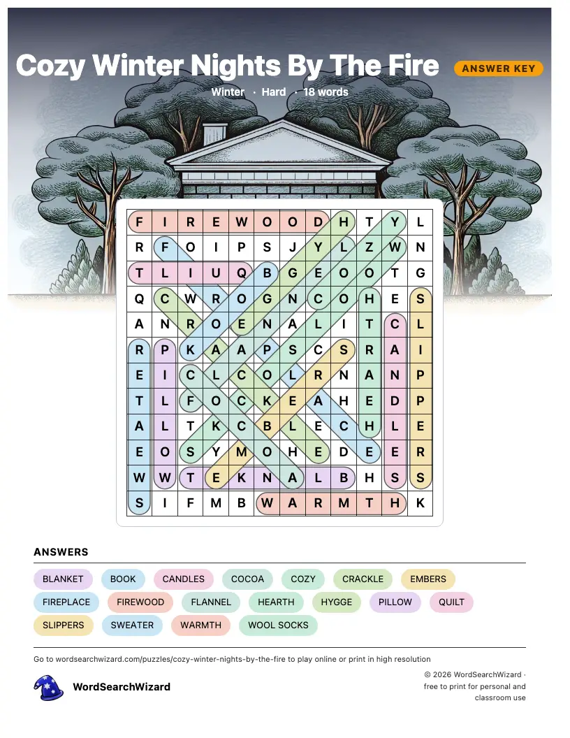 Cozy Winter Nights By The Fire word search answer key, all 18 words marked