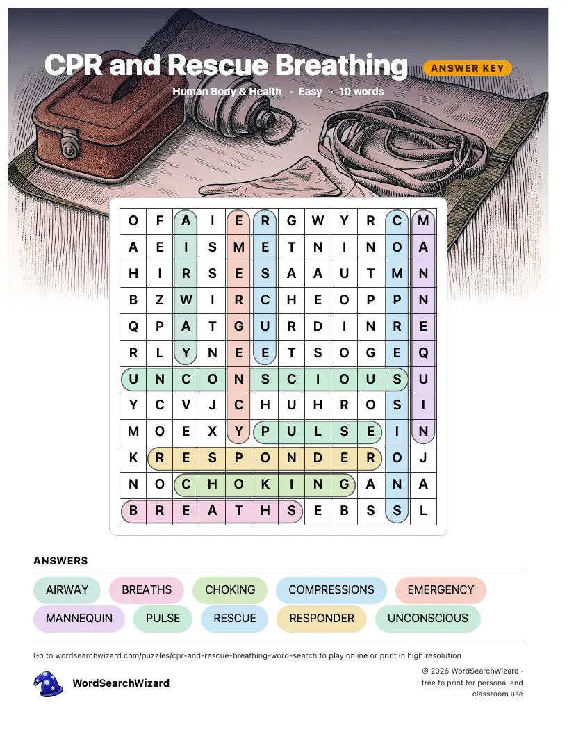 CPR and Rescue Breathing word search answer key, all 10 words marked